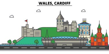 Wales, Cardiff. City skyline: architecture, buildings, streets, silhouette, landscape, panorama, landmarks. Editable strokes. Flat design line vector illustration concept. Isolated icons set clipart