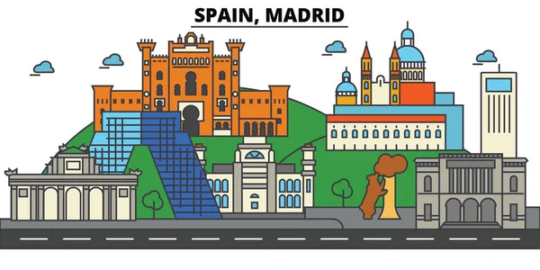 España, Madrid. Ciudad skyline: arquitectura, edificios, calles, silueta, paisaje, panorama, monumentos. Golpes editables. Diseño plano línea vector concepto de ilustración. Conjunto de iconos aislados — Vector de stock