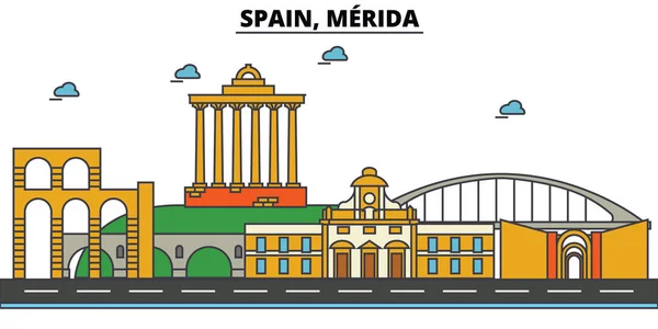 España, Mérida. Ciudad skyline: arquitectura, edificios, calles, silueta, paisaje, panorama, monumentos. Golpes editables. Diseño plano línea vector concepto de ilustración. Conjunto de iconos aislados — Vector de stock