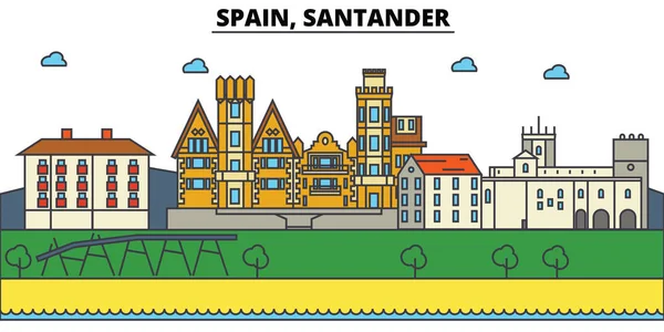西班牙桑坦德银行。城市天际线： 体系结构、 建筑物、 街道、 剪影、 风景、 全景、 地标。可编辑的笔画。平面设计线矢量图的概念。孤立的图标集 — 图库矢量图片
