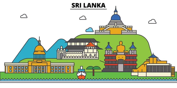 Sri, Lanka. Skyline van de stad: architectuur, gebouwen, straten, silhouet, landschap, panorama, monumenten. Bewerkbare lijnen. Platte lijn vector illustratie ontwerpconcept. Geïsoleerde icons set — Stockvector