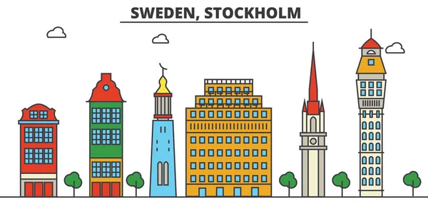 Σουηδία, Στοκχόλμη. Ορίζοντα της πόλης: αρχιτεκτονική, κτήρια, δρόμους, σιλουέτα, τοπίο, Πανόραμα, σημεία ενδιαφέροντος. Επεξεργάσιμη εγκεφαλικά επεισόδια. Επίπεδη σχεδίαση γραμμής διανυσματικά εικονογράφηση έννοια. Μεμονωμένες εικόνες set — Διανυσματικό Αρχείο