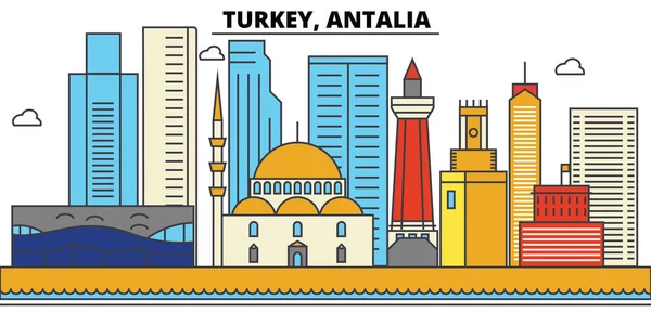 Turquía, Antalia. Ciudad skyline: arquitectura, edificios, calles, silueta, paisaje, panorama, monumentos. Golpes editables. Diseño plano línea vector concepto de ilustración. Conjunto de iconos aislados — Archivo Imágenes Vectoriales