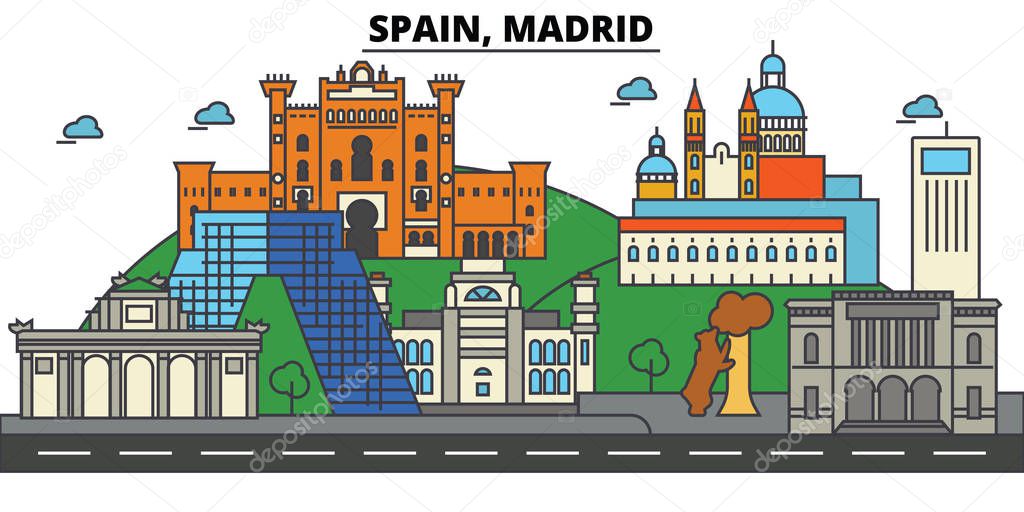 Spain, Madrid. City skyline: architecture, buildings, streets, silhouette, landscape, panorama, landmarks. Editable strokes. Flat design line vector illustration concept. Isolated icons set