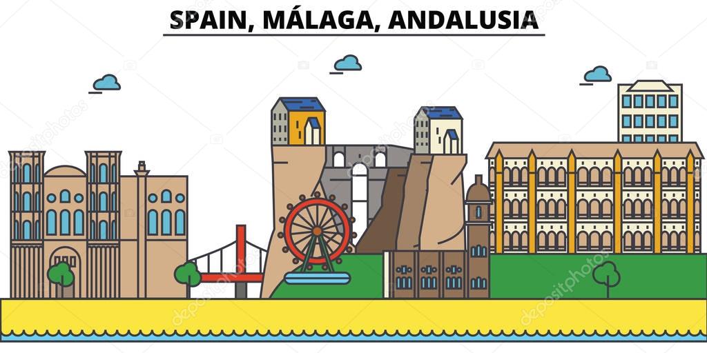 Spain, Malaga, Andalusia. City skyline: architecture, buildings, streets, silhouette, landscape, panorama, landmarks. Editable strokes. Flat design line vector illustration. Isolated icons set