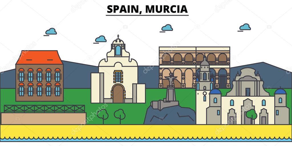 Spain, Murcia. City skyline: architecture, buildings, streets, silhouette, landscape, panorama, landmarks. Editable strokes. Flat design line vector illustration concept. Isolated icons set