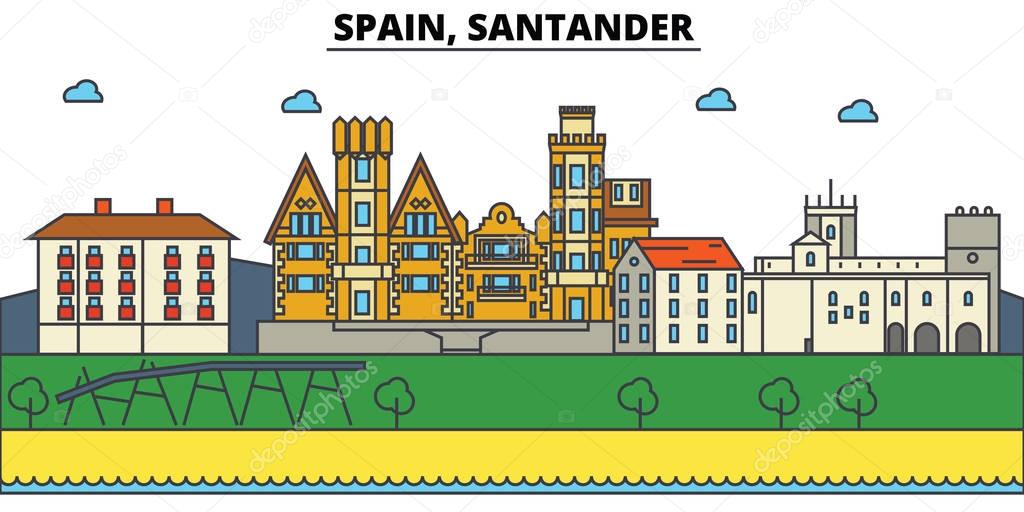Spain, Santander. City skyline: architecture, buildings, streets, silhouette, landscape, panorama, landmarks. Editable strokes. Flat design line vector illustration concept. Isolated icons set