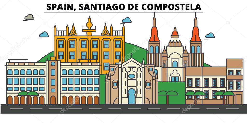 Spain, Santiago De Compostela. City skyline: architecture, buildings, streets, silhouette, landscape, panorama, landmarks. Editable strokes. Flat design line vector illustration. Isolated icons set