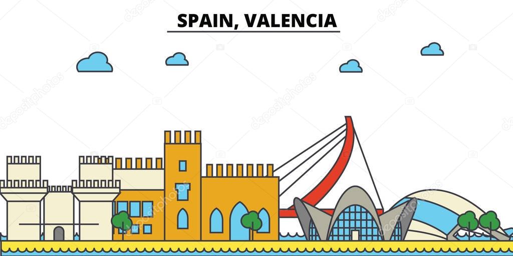Spain, Valencia. City skyline: architecture, buildings, streets, silhouette, landscape, panorama, landmarks. Editable strokes. Flat design line vector illustration concept. Isolated icons set