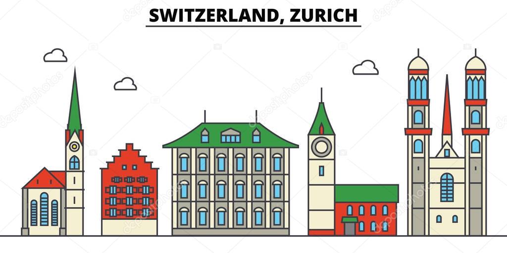 Switzerland, Zurich. City skyline: architecture, buildings, streets, silhouette, landscape, panorama, landmarks. Editable strokes. Flat design line vector illustration concept. Isolated icons