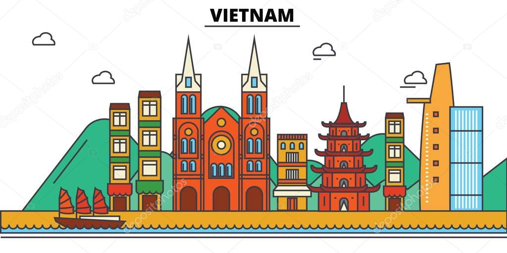 Vietnam, . City skyline: architecture, buildings, streets, silhouette, landscape, panorama, landmarks. Editable strokes. Flat design line vector illustration concept. Isolated icons set