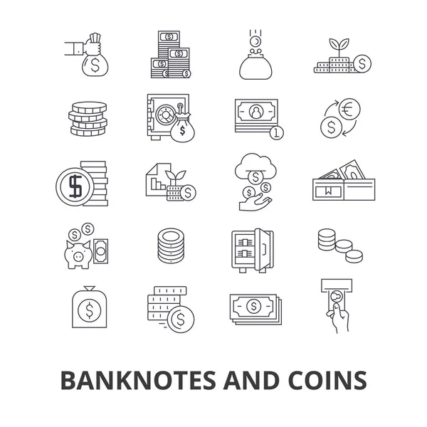 紙幣と硬貨、お金、ユーロ、ギョーシェ、銀行、ドル、メモ、コイン、ビル行アイコン。編集可能なストローク。フラットなデザイン ベクトル図記号の概念。線形分離標識 — ストックベクタ