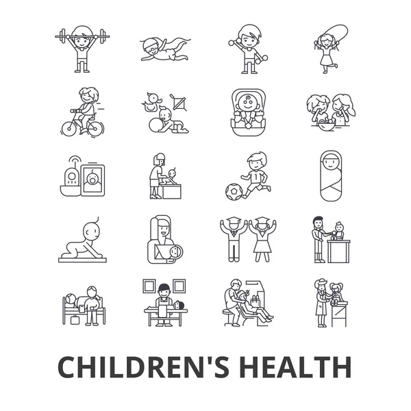 Παιδική υγεία, τα παιδιά, υγιεινή διατροφή, γιατρός, παιχνίδι, ευτυχισμένος, φυτώριο γραμμή εικονιδίων. Επεξεργάσιμη εγκεφαλικά επεισόδια. Επίπεδη σχεδίαση διανυσματικά εικονογράφηση σύμβολο έννοια. Γραμμική απομονωμένα σημεία — Διανυσματικό Αρχείο