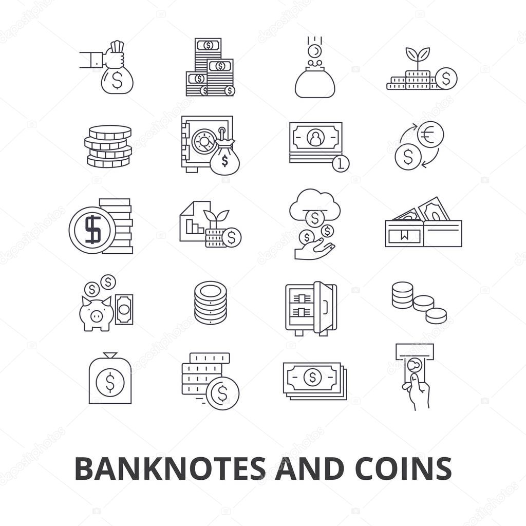 Banknotes and coins, money, euro, guilloche, bank, dollar, note, coins, bill line icons. Editable strokes. Flat design vector illustration symbol concept. Linear isolated signs