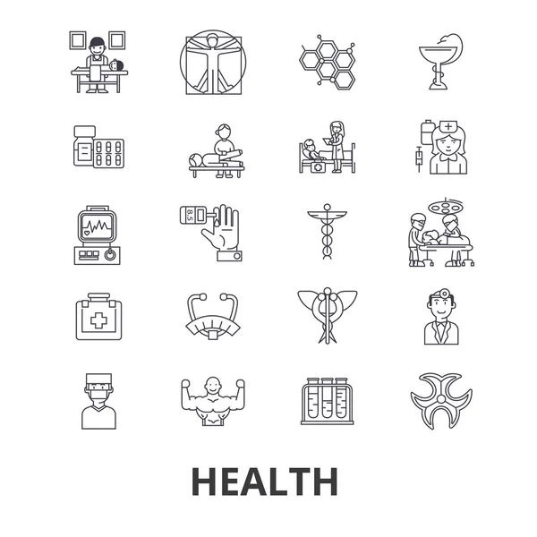 Health, healthcare, fitness, wellness, doctor, healthy lifestyle, exercise line icons. Editable strokes. Flat design vector illustration symbol concept. Linear isolated signs — Stock Vector