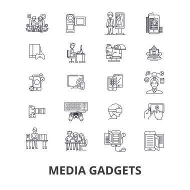 Medya araçları, gazete, haber, basın, sosyal reklam, tv, video, not defteri satırı simgeler. Düzenlenebilir vuruş. Düz tasarım vektör çizim sembolü konsepti. Doğrusal izole işareti