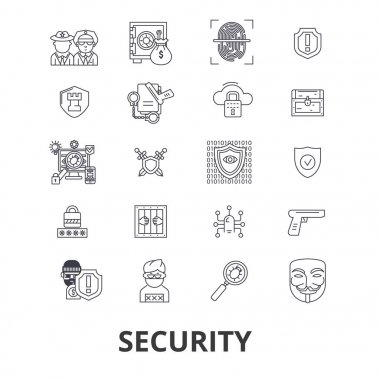 Güvenlik, güvenlik, koruma, kilit, güvenli, güvenlik, sigorta, cctv, satır simgeler kontrol. Düzenlenebilir vuruş. Düz tasarım vektör çizim sembolü konsepti. Doğrusal izole işareti