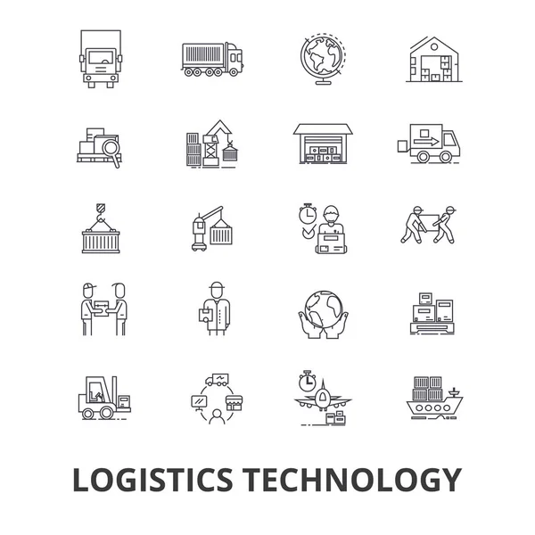 Τεχνολογία Logistics, μεταφορών, παροχή αλυσίδα, αποθήκη, σύστημα παράδοσης φορτίων γραμμή εικονιδίων. Επεξεργάσιμη εγκεφαλικά επεισόδια. Επίπεδη σχεδίαση διανυσματικά εικονογράφηση σύμβολο έννοια. Γραμμική απομονωμένα σημεία — Διανυσματικό Αρχείο