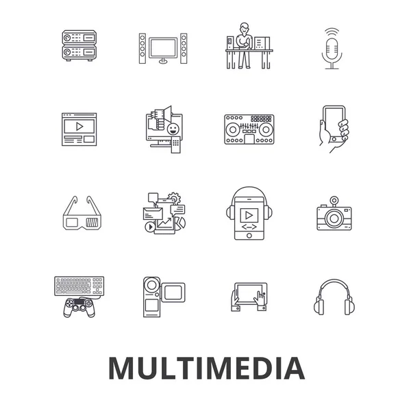 Multimedia, medios de comunicación, vídeo, Internet, cine, ordenador, social, iconos de la línea de entretenimiento. Golpes editables. Diseño plano vector ilustración símbolo concepto. Signos aislados lineales — Archivo Imágenes Vectoriales