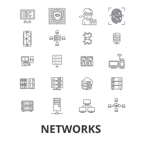 Sieci, ludzie, komputera, podłączyć, społecznego, biznes, internet, komunikacja linia ikon. Obrysy można edytować. Płaska konstrukcja wektor ilustracja koncepcja symbol. Liniowe znaki na białym tle — Wektor stockowy