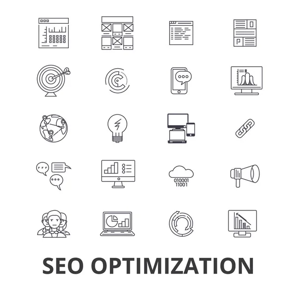 Seo optimizasyonu, pazarlama, sosyal medya, Web sitesi, arama motoru, satır simgeler sıralamasını. Düzenlenebilir vuruş. Düz tasarım vektör çizim sembolü konsepti. Doğrusal izole işareti — Stok Vektör