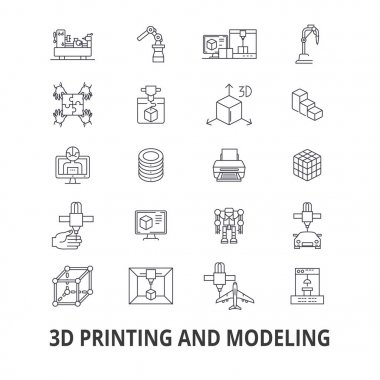 3D baskı, model, grafik, prototip, modelleme, üretim, üretim hattı simgeler. Düzenlenebilir vuruş. Düz tasarım vektör çizim sembolü konsepti. Doğrusal izole işareti