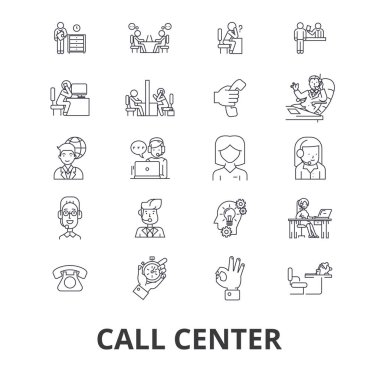 Çağrı Merkezi, Müşteri Hizmetleri, Ajan, istemci Yardımı, operatör, destek, satır simgeleri olarak bize ulaşın. Düzenlenebilir vuruş. Düz tasarım vektör çizim sembolü konsepti. Doğrusal izole işareti