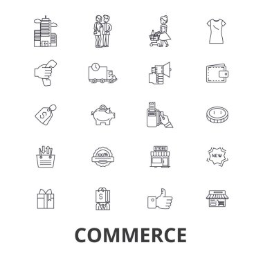 Ticaret, mağaza, perakende, satış, fiyat, satın, satış, alışveriş, Dükkanı, promosyon çizgi simgeler. Düzenlenebilir vuruş. Düz tasarım vektör çizim sembolü konsepti. Doğrusal izole işareti