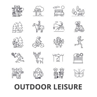 Açık eğlence, vacaton, etkinlik, hobi, yaşam biçimi, seyahat hattı simgeler. Düzenlenebilir vuruş. Düz tasarım vektör çizim sembolü konsepti. Doğrusal izole işareti