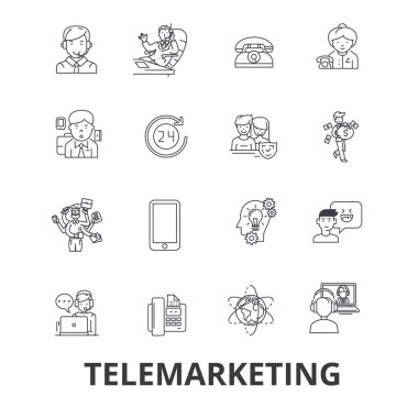 Telefonla pazarlama, Çağrı Merkezi, telesales, pazarlama, satış satırı simgeleri doğrudan. Düzenlenebilir vuruş. Düz tasarım vektör çizim sembolü konsepti. Doğrusal izole işareti