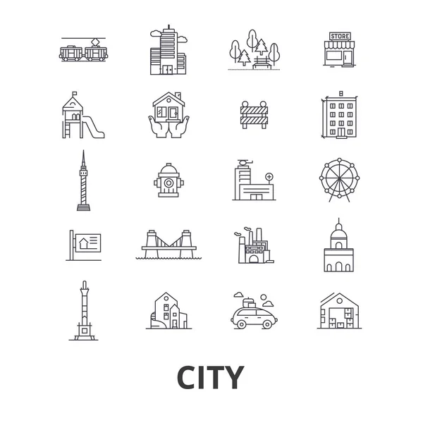 Город, город, строительство, недвижимость, архитектура, строительство, линии небоскребов. Редактируемые штрихи. Концепция векторной иллюстрации плоского дизайна. Линейные изолированные знаки — стоковый вектор