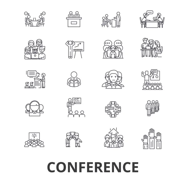 Konferenz, Präsentation, Besprechung, Geschäftsdiskussion, Teamarbeit, Management Line Icons. editierbare Striche. flache Design Vektor Illustration Symbolkonzept. lineare isolierte Zeichen — Stockvektor