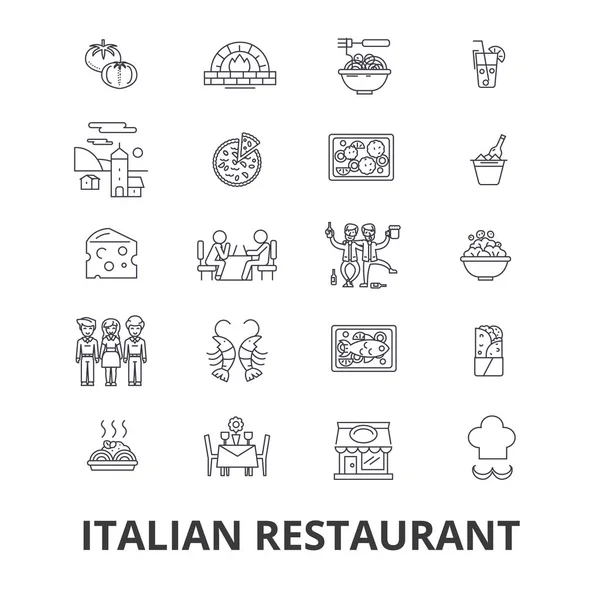 Ιταλικό εστιατόριο, κουζίνα, μακαρόνια, Θαλασσινά, μαγειρική γραμμή εικονιδίων. Επεξεργάσιμη εγκεφαλικά επεισόδια. Επίπεδη σχεδίαση διανυσματικά εικονογράφηση σύμβολο έννοια. Γραμμική απομονωμένα σημεία — Διανυσματικό Αρχείο