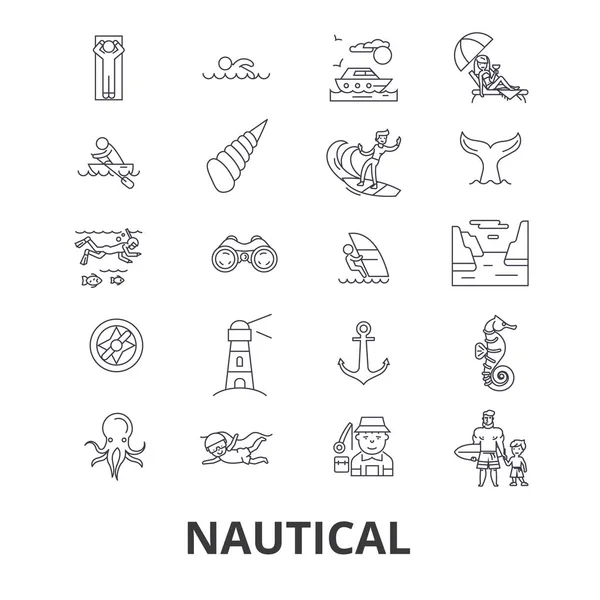 Nautique, marine, voile, ancre, mer, marine, océan, icônes de ligne de pêche. Coups modifiables. Conception plate vectoriel illustration symbole concept. Signes isolés linéaires — Image vectorielle