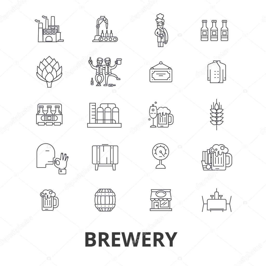 brewery, beer tap, pub,  winery, distillery, keg, brewing, hops, alchocol line icons. Editable strokes. Flat design vector illustration symbol concept. Linear isolated signs