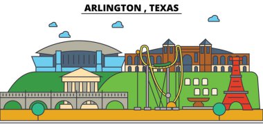 Arlington, Texas. Şehir manzarası: mimari, binalar, sokaklar, siluet, peyzaj, panorama, yerler. Düzenlenebilir vuruş. Düz çizgi vektör çizim tasarım. İzole simgeler