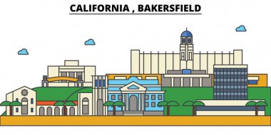 California, Bakersfield. Şehir manzarası: mimari, binalar, sokaklar, siluet, peyzaj, panorama, yerler. Düzenlenebilir vuruş. Düz çizgi vektör çizim tasarım. İzole simgeler