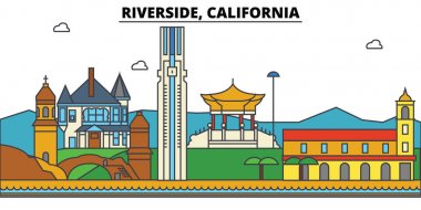 California, Riverside. Şehir manzarası: mimari, binalar, sokaklar, siluet, peyzaj, panorama, yerler. Düzenlenebilir vuruş. Düz çizgi vektör çizim tasarım. İzole simgeler