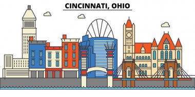 Cincinnati, Ohio. Şehir manzarası: mimari, binalar, sokaklar, siluet, peyzaj, panorama, yerler. Düzenlenebilir vuruş. Düz çizgi vektör çizim tasarım. İzole simgeler