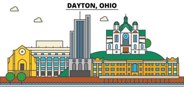 Dayton, Ohio. Şehir manzarası: mimari, binalar, sokaklar, siluet, peyzaj, panorama, yerler. Düzenlenebilir vuruş. Düz çizgi vektör çizim tasarım. İzole simgeler