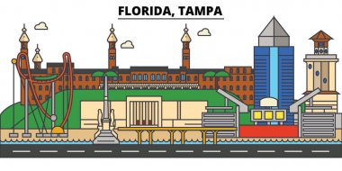 Florida Tampa. Şehir manzarası: mimari, binalar, sokaklar, siluet, peyzaj, panorama, yerler. Düzenlenebilir vuruş. Düz çizgi vektör çizim tasarım. İzole simgeler