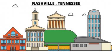 Nashville, Tennessee. Şehir manzarası: mimari, binalar, sokaklar, siluet, peyzaj, panorama, yerler. Düzenlenebilir vuruş. Düz çizgi vektör çizim tasarım. İzole simgeler