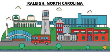 Raleigh, North Carolina. Şehir manzarası: mimari, binalar, sokaklar, siluet, peyzaj, panorama, yerler. Düzenlenebilir vuruş. Düz çizgi vektör çizim tasarım. İzole simgeler