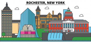 Rochester, New York. Şehir manzarası: mimari, binalar, sokaklar, siluet, peyzaj, panorama, yerler. Düzenlenebilir vuruş. Düz çizgi vektör çizim tasarım. İzole simgeler