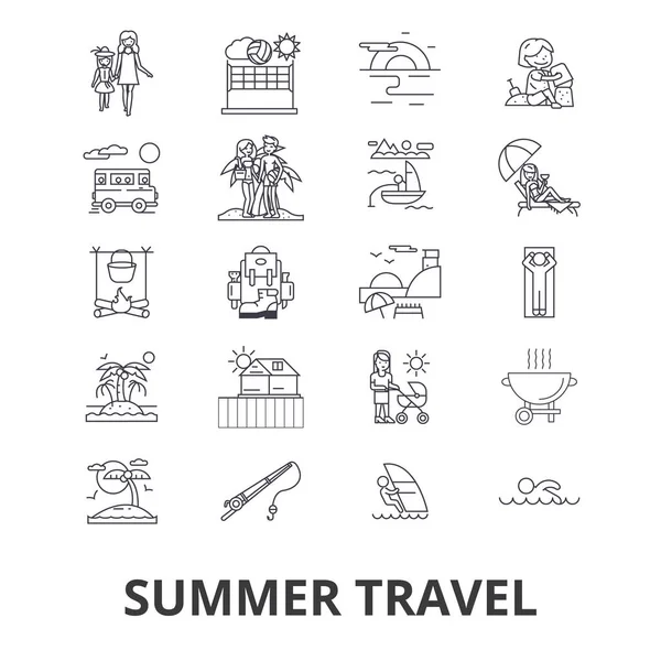 Viajes de verano, vacaciones en la playa, yate, viaje soleado, iconos de la línea de vacaciones. Golpes editables. Diseño plano vector ilustración símbolo concepto. Signos aislados lineales — Archivo Imágenes Vectoriales