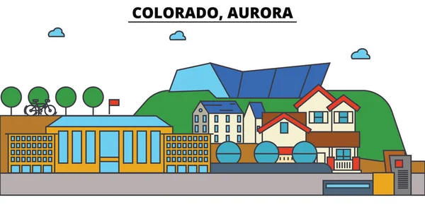 美国科罗拉多州奥罗拉。城市天际线： 体系结构、 建筑物、 街道、 剪影、 风景、 全景、 地标。可编辑的笔画。平面设计线矢量图的概念。孤立的图标 — 图库矢量图片