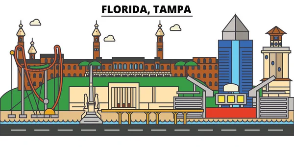 Florida, Tampa. skyline da cidade: arquitetura, edifícios, ruas, silhueta, paisagem, panorama, marcos. Traços editáveis. Conceito de ilustração vetorial de linha de projeto plano. Ícones isolados —  Vetores de Stock