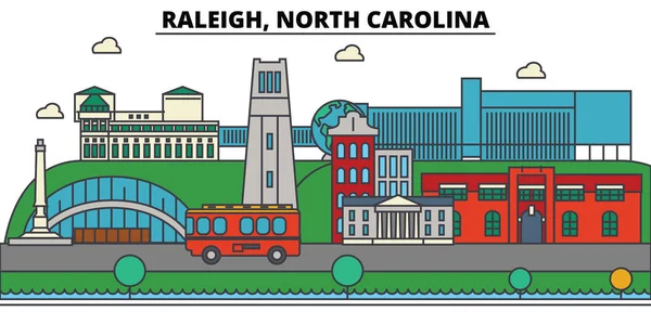 Raleigh, North Carolina. Şehir manzarası: mimari, binalar, sokaklar, siluet, peyzaj, panorama, yerler. Düzenlenebilir vuruş. Düz çizgi vektör çizim tasarım. İzole simgeler — Stok Vektör