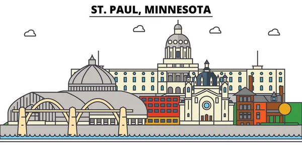 St Paul, Minnesota. Şehir manzarası: mimari, binalar, sokaklar, siluet, peyzaj, panorama, yerler. Düzenlenebilir vuruş. Düz çizgi vektör çizim tasarım. İzole simgeler