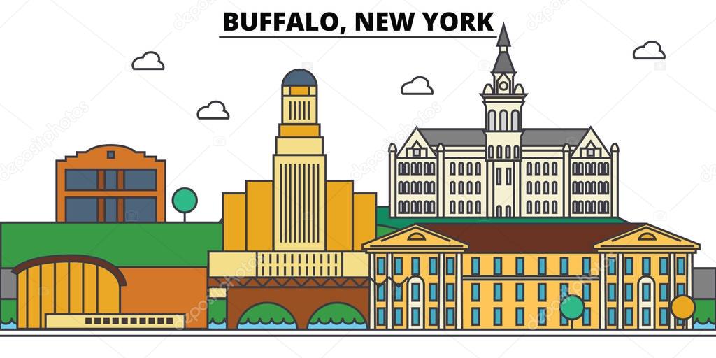 Buffalo,New York. City skyline: architecture, buildings, streets, silhouette, landscape, panorama, landmarks. Editable strokes. Flat design line vector illustration concept. Isolated icons